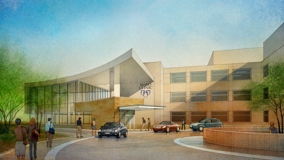 Artist&#039;s rendering shows the exterior of the new Mayo Clinic facility