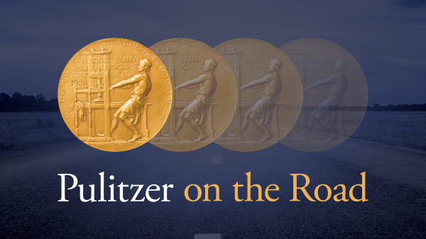 Gold Medallions above the words "Pulitzer on the Road"