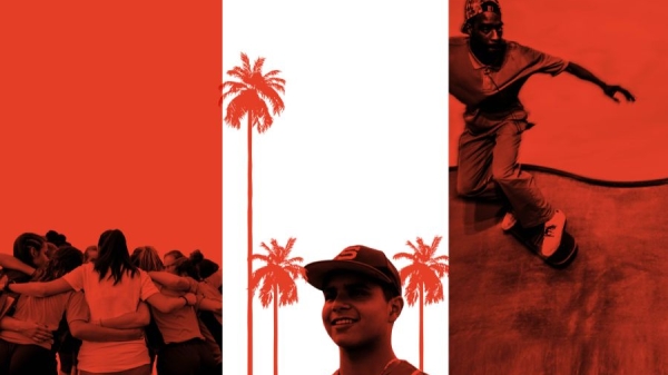 Collage of three photos of people in a huddle, a man wearing a baseball cap amid palm trees and a man skateboarding.