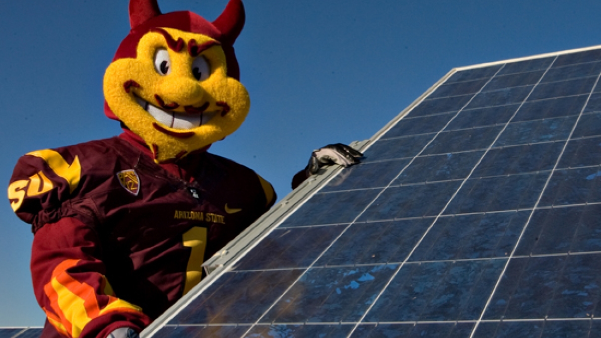 Sparky mascot with solar panel