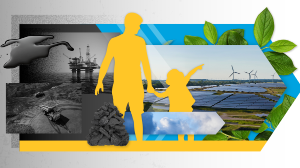Silhouette of father and child holding hands in front of collage backdrop showing oil and coal fading to windmills, plants, blue sky