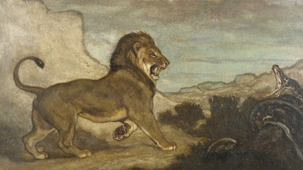 Watercolor painting of a desolate landscape with a lion dramatically confronting a snake.