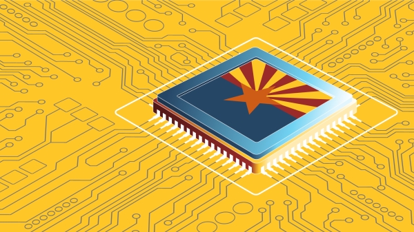 An illustration of a microchip with the Arizona flag on it