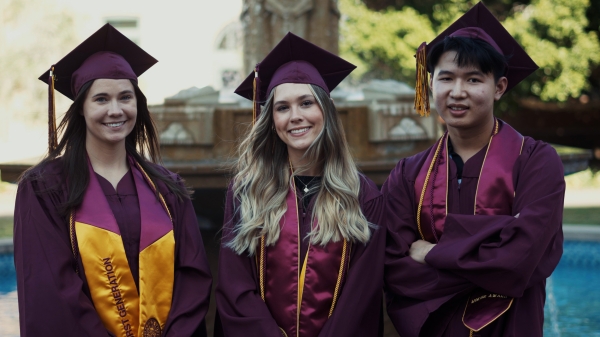 Three people in ASU graduation gowns and caps