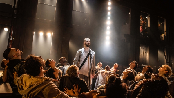 Jack Hopewell and the company of the North American Tour of "Jesus Christ Superstar" performing on stage.