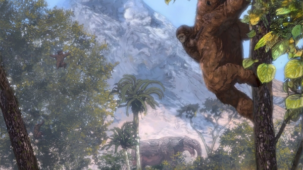 Artist-drawn image of prehistoric apes climbing a tree.