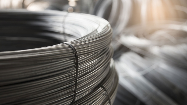 Closeup of a coil of steel wire.